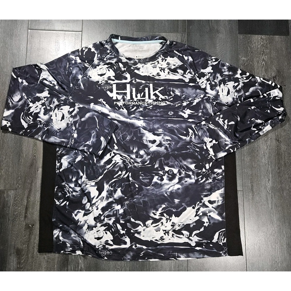 Huk Performance Fishing Shirt Men 3XL Black Mossy Oak Hydro Camo Stretch Outdoor